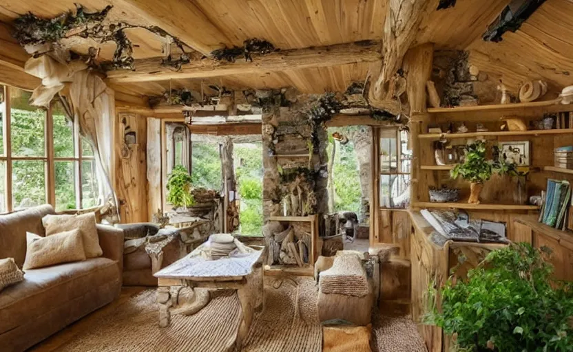 Prompt: cottage living room interior, sunny, natural materials, rustic wood, window sill with plants, vines on the walls, dried herbs under the ceiling, the witch cauldron on the tigel, bookshelves, design