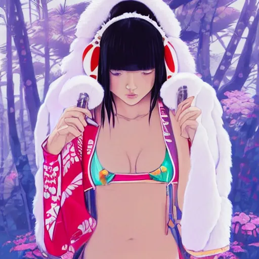Image similar to a beautiful young japanese natalie portman alluring gravure model, stylized concept art, wearing elaborate oversized designer bomber jacket and one piece bikini, bulky bomber jacket with mesoamerican patterns, mesoamerican native street fashion, princess mononoke, painted by ilya kuvshinov aesthetic, gorgeous, stunning, alluring, attractive, artstation, pinterest, digital art