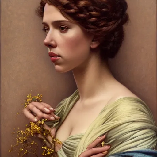 Image similar to highly detailed oil painting | very intricate | cinematic lighting | award - winning | the beautiful scarlett johansson wearing a flowing toga | by godward, by tom bagshaw, by j. c. leyendecker and klimt, beautiful cinematic light, american romanticism, by alphonse mucha, artstation, cgsociety, official art, octane