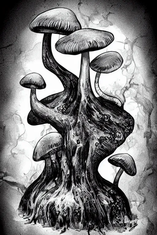 Image similar to black and white illustration, creative design, body horror, mushroom monster