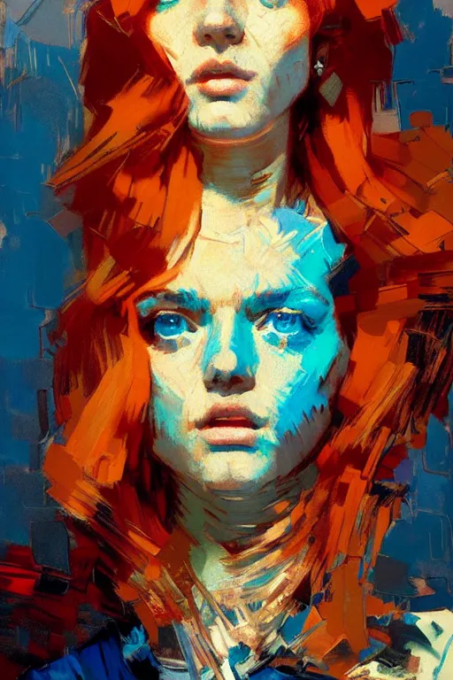 Prompt: portrait of a beautiful girl, redhead, shades of blue, beautiful face, rule of thirds, intricate outfit, spotlight, by greg rutkowski, by jeremy mann, by francoise nielly, by van gogh, digital painting