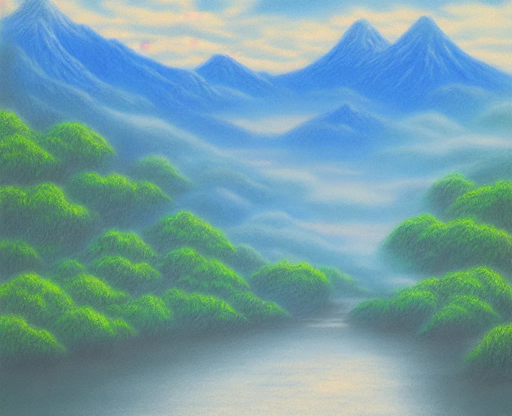 Image similar to a landscape pastel in the style of noriyoshi ohrai and bob ross of a blue reflective path to some misty mountains in the background. along the path stands pillars that reflect in the water. key art. 4 k fantasy