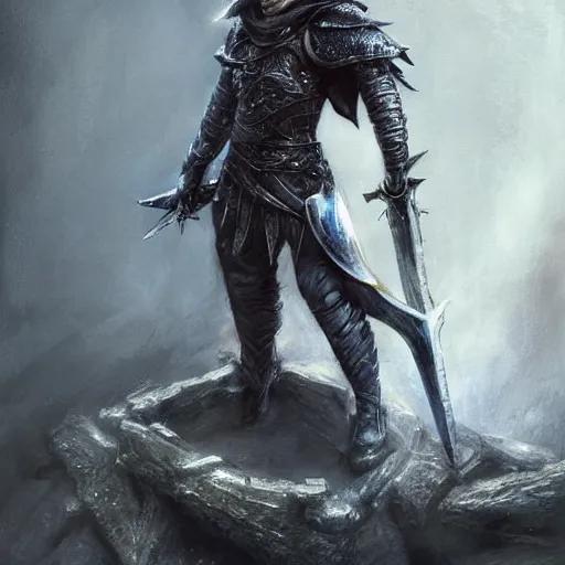 Image similar to messi crouching down holding a sword over his head by daniel gerhartz, artorias, abysswalker, dark souls, featured on deviantart, fantasy art, concept art, 2 d game art, official art