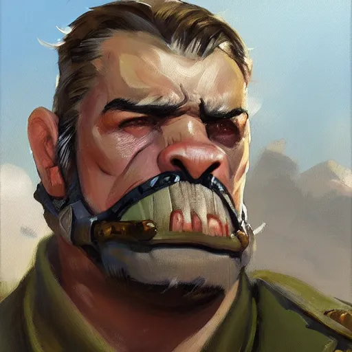 Prompt: greg manchess close - up portrait painting of a ruggedly handsome, decorated dieselpunk orc general in dress uniform with olive green skin as an overwatch character, medium shot, asymmetrical, profile picture, organic painting, sunny day, matte painting, bold shapes, hard edges, street art, trending on artstation, by huang guangjian and gil elvgren and sachin teng