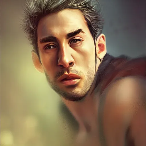 Prompt: photorealistic portrait of gerald darmanin as a sad pathetic alpha male, immature, fantasy, ugly, depth of field, bokeh, soft focus, detailed, soft glow, caravagio, high contreast, art by artgerm