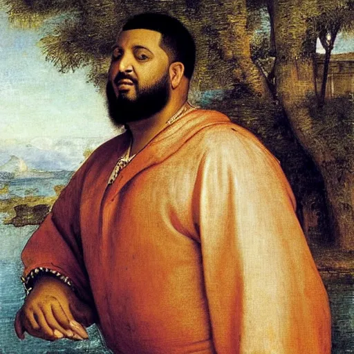 Image similar to renaissance portrait of DJ Khaled on a jetski in a river, masterpiece by Eugene de Blaas