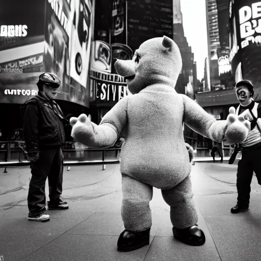 Prompt: An award winning photo, of a Teletubby, in the act of curbstomping a Nazi, in Time Square, NYC. 85mm lens, f1.8.