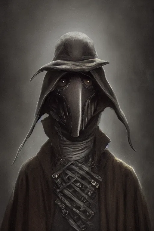 Image similar to A fancy portrait of a Plague Doctor by Greg Rutkowski, Sung Choi, Mitchell Mohrhauser, Maciej Kuciara, Johnson Ting, Maxim Verehin, Peter Konig, Bloodborne, 8k photorealistic, cinematic lighting, HD, high details, dramatic, dark atmosphere, trending on artstation