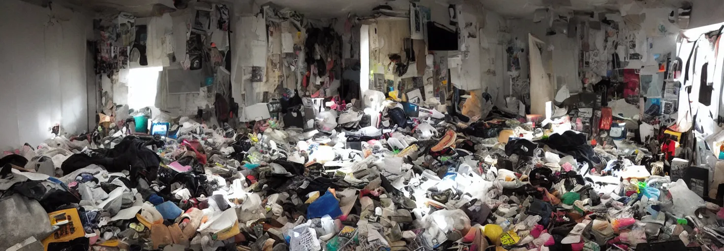 Prompt: concrete dungeon wall empty hikikomori neet bedroom messy, trash, hoarder, margiela campaign, hd go - pro, anime figurines, bed, computer, kawaii