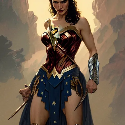 Image similar to Rachel Weisz as Wonder Woman, western, D&D, fantasy, intricate, elegant, highly detailed, digital painting, artstation, concept art, matte, sharp focus, illustration, art by Artgerm and Greg Rutkowski and Alphonse Mucha