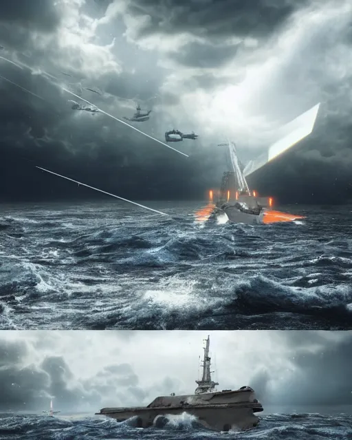 Image similar to scifi action scene of a fishing boat on stormy seas, a very large star destroyer spaceship flying overhead, the very large star destroyer spaceship is emerging from storm clouds, sunset lighting, stormy weather, dramatic lighting, unreal engine, hyper realism, realistic shading, cinematic composition, realistic render, octane render, detailed textures, photorealistic, ultrawide shot, 1 6 mm lens