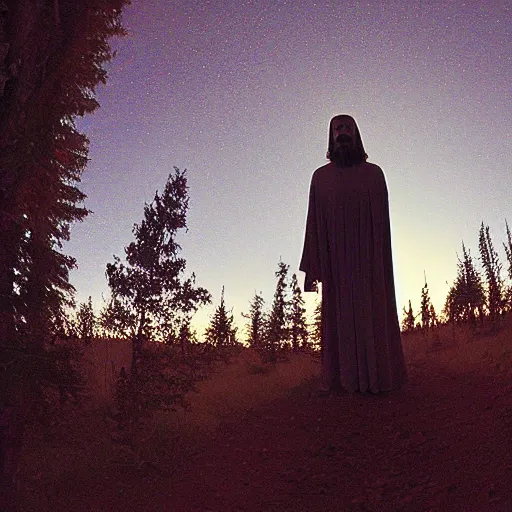 Prompt: trail cam photo of Jesus Christ