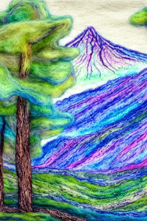 Prompt: fantastic mountain landscape, pastel colors, huge trees, dry felting, watercolors