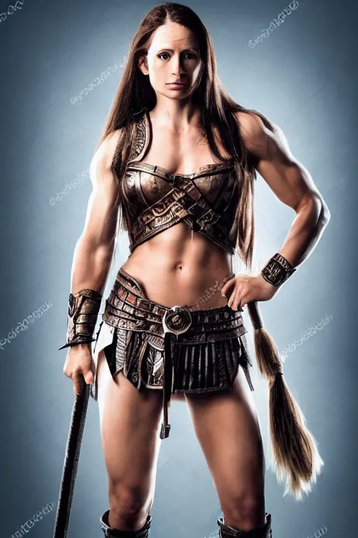 Image similar to full body portrait, thin muscular viking amazon warrior woman, 6 pack ab, symmetrical beautiful face, relaxed pose