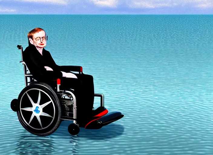 Image similar to stephen hawking wheelchair going across water like a jet ski, realistic, detailed