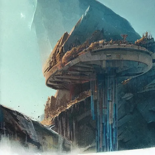 Image similar to view from below of an arcology driven like a spear into the glacier, rust-colored waterfalls pouring from its upper balconies, blue radiation glow beneath, science fiction concept art by Greg Rutkowski and Moebius and Le Corbusier