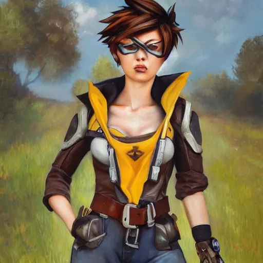 Image similar to oil painting of tracer overwatch in a field wearing large leather belt choker collar around neck, in style of mark arian, expressive face, detailed face, detailed eyes, full body, feminine face, tracer overwatch,