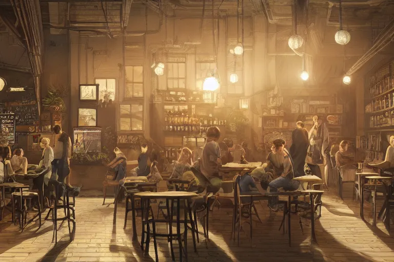 Prompt: a storybook illustration of inside a coffee shop, hyper realistic, ambient lighting, concept art, intricate, hyper detailed, smooth, dynamic volumetric lighting, octane, raytrace, cinematic, high quality, high resolution, 4 k