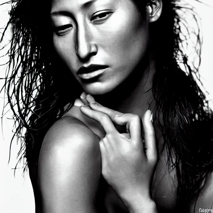 Image similar to photography face portrait on a tropical background of a beautiful woman like dichen lachman, black and white photography portrait, skin grain detail, high fashion, 8 k, ultra sharp focus, studio lighting film noir style photography, by richard avedon, and paolo roversi and nick knight, and hellmut newton,