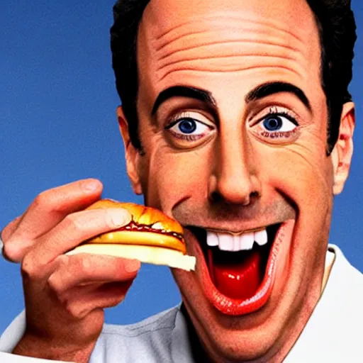 Image similar to hyper realistic portrait of jerry seinfeld eating a disgustingly juicy hamburger