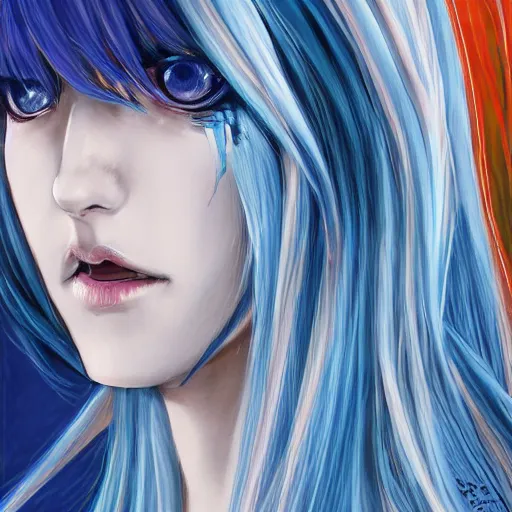 Prompt: profile shot of rimuru tempest, sky blue straight hair, long bangs, gold eyes, smug, wearing a black jacket with white stripes, high collar, ultra detailed, brush strokes, digital painting, cinematic, artstation wlop, closeup, pixiv, high contrast, eerie, scary, yoshitaka amano, andy warhol, junji ito
