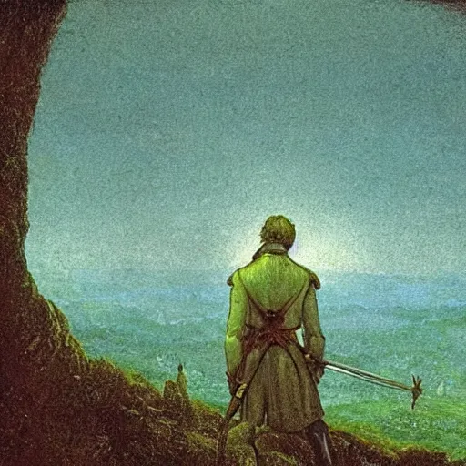 Image similar to dying knight facing the abyss, in the style of Caspar David Friedrich