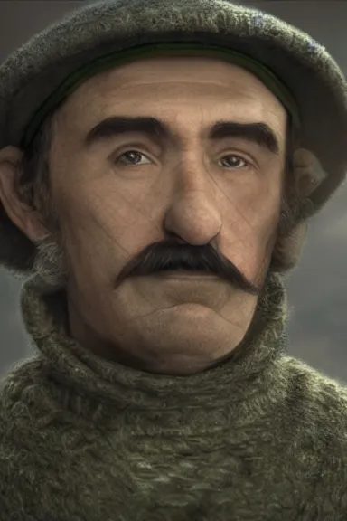 Image similar to very very intricate photorealistic photo of a realistic human version of luigi wearing his hat in an episode of game of thrones, photo is in focus with detailed atmospheric lighting, award - winning details