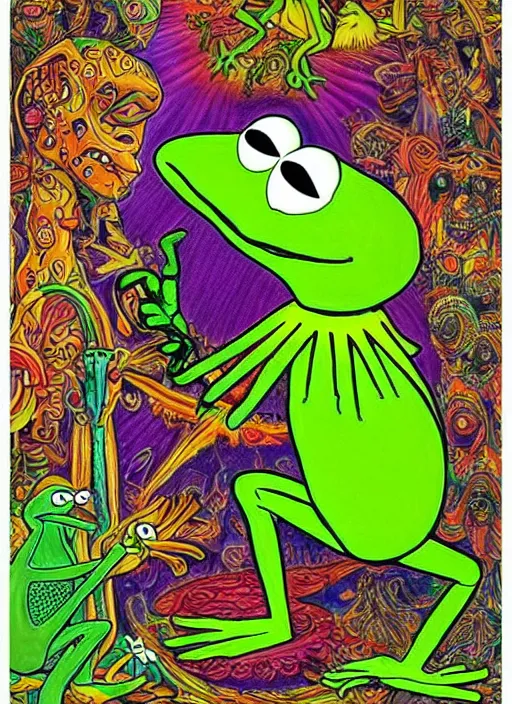 Image similar to Kermit the Frog on ayahuasca painting by aaron brooks, chris dyer, android jones, and alex grey