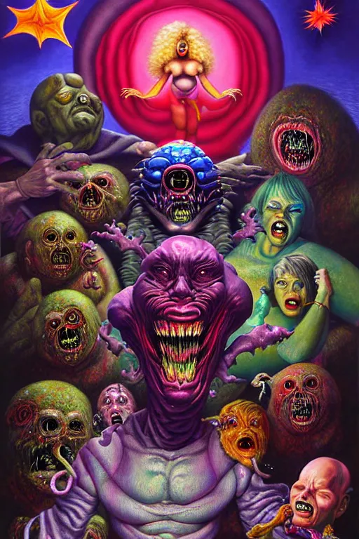 Image similar to a hyperrealistic painting of the epic final boss fight against mega grandma, cinematic horror by chris cunningham, lisa frank, richard corben, highly detailed, vivid color,