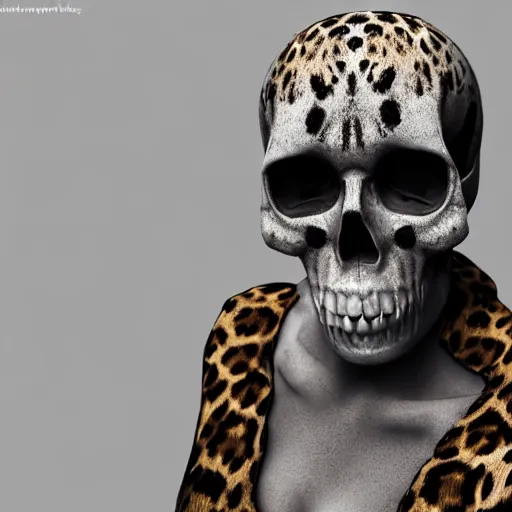 Image similar to Skull that look too much like skull!, crypt lurker, 8k CG character rendering of a spider-like hunting female on its back, fangs extended, wearing a leopard-patterned dress, set against a white background, with textured hair and skin.