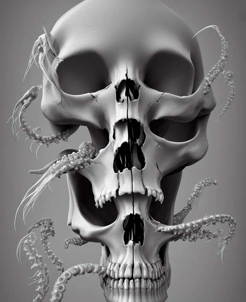 Image similar to absolute symmetry!! goddess close - up portrait human skeleton, ram skull, squid phoenix jellyfish, orchid, betta fish, bioluminiscent, intricate artwork by tooth wu and wlop and beeple. octane render, trending on artstation, greg rutkowski very coherent symmetrical artwork. cinematic, hyper realism, high detail, octane render, 8 k