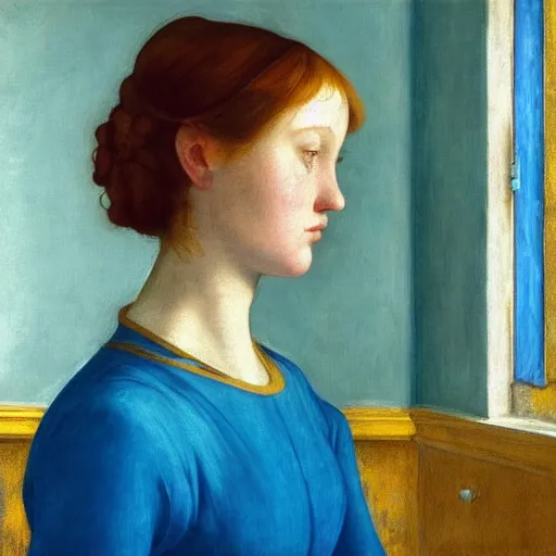 Prompt: close up of a girl in a blue and gold haunted liminal abandoned room, film still by edward hopper, by Pontormo, by klimt, art noveau, highly detailed, strong lights, liminal, eerie, Bright pastel colors, Byzantine icon