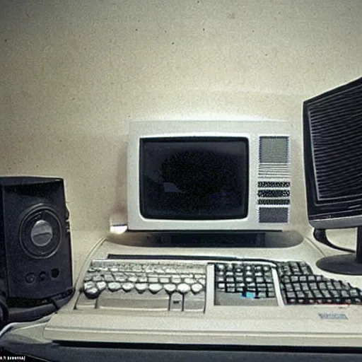 Image similar to slightly blurry and grainy photographic proof of a 8 0 s 8 bit homecomputer and peripherals and tv monitor that never was released tp the public.