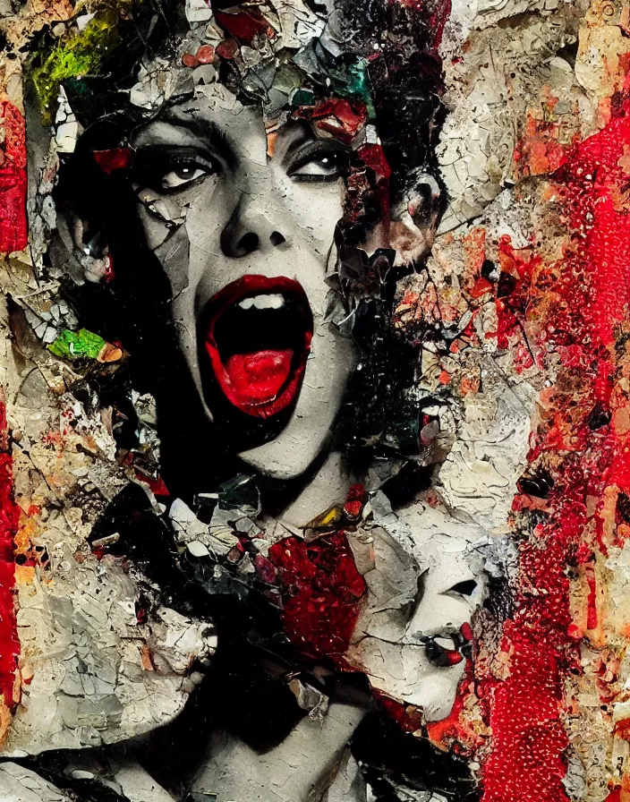 Prompt: screaming sophisticated woman from fight club in fighting action detailed mixed media collage with canvas texture in style of contemporary art, punk art, photorealism, sensual bodies, expressionism, masterpiece, perfect composition, spectacular quality, intricate oil details, broken glass photo, torn paper intricate texture, large cracks, liquid glue spots, dark green and black and red chaotic background