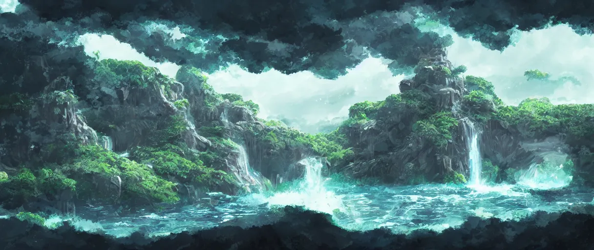 Image similar to a small crumbling island in space with waterfalls, studio ghibli, digital art, detailed, depth of field