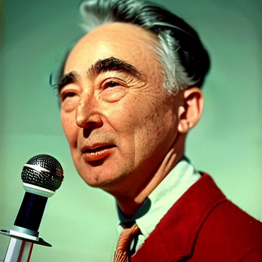 Image similar to color photo of robert oppenheimer giving ted talk