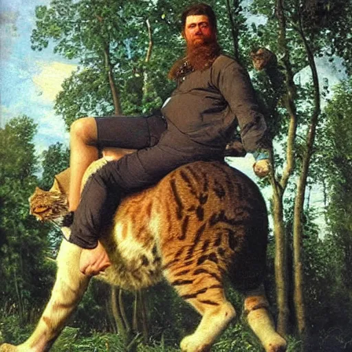 Prompt: man riding a huge cat, oil painting by Ivan Shishkin