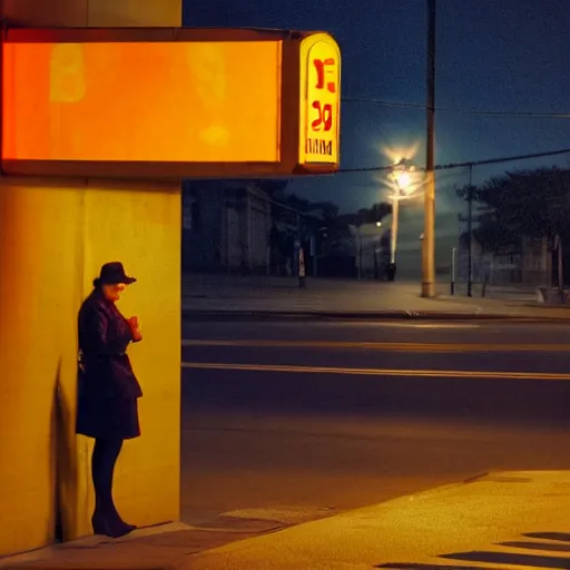 Image similar to a woman waiting for the bus at a lonely street at night, the street light is the only light on the street, lonely atmosphere, empty city, in the style of Edward Hopper, 4k,