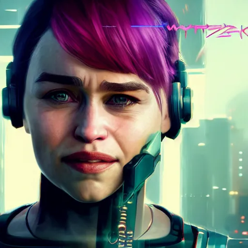 Image similar to Beautiful portrait of Emilia Clarke smiling warmly in Cyberpunk 2077 video game, concept art, poster, detailed, artstation