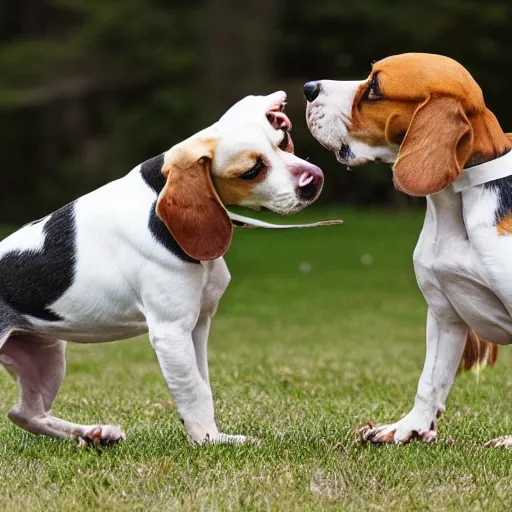 Prompt: beagle dog's fist fighting each other