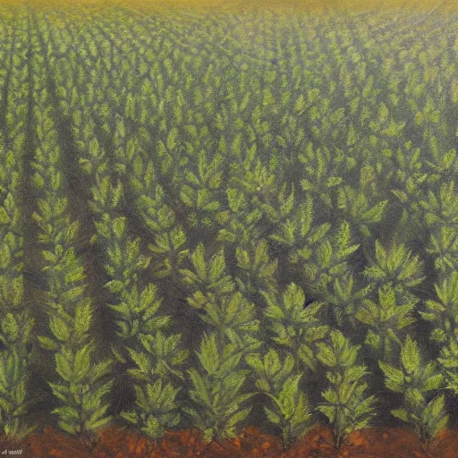 Image similar to a oil painting of a field of marijuana plants