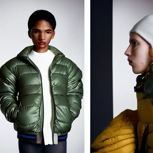 Image similar to realistic photoshooting for a new balenciaga lookbook color film photography portrait of a beautiful woman model, model wears a puffer jacket, photo in style of tyler mitchell, wes anderson