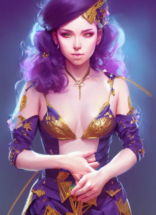 Prompt: female magician, wide angle view, flowers, blue, black, pink, gold, diamonds, highly detailed, artgerm, cushart krenz, artstation, soft light, sharp focus, illustration, character design, concept art