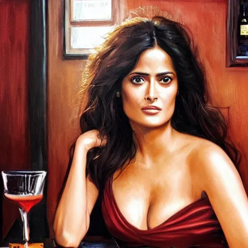 Image similar to salma hayek in a bar, perfect eyes looking at the camera, beautiful face, real life colors, elegant, sharp focus, hyper - realistic, 4 k, highly detailed, hd, dramatic lighting by brom