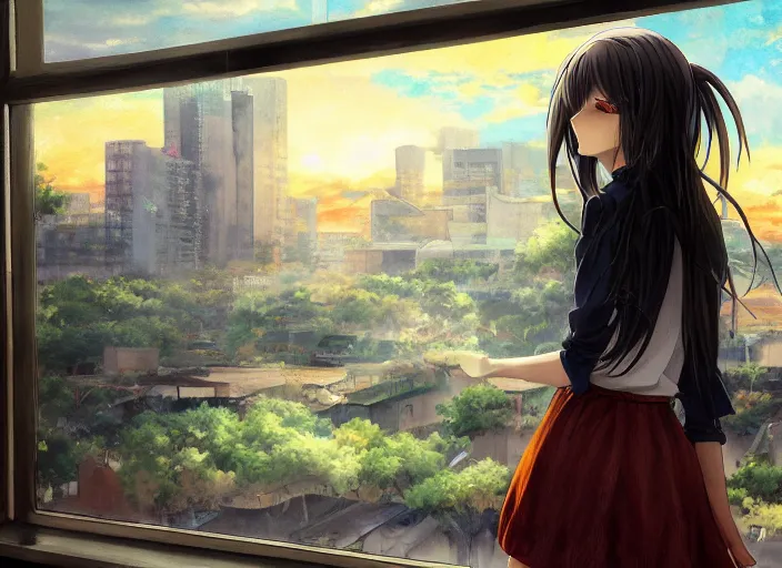 Image similar to anime girl in skirt looking out the window at megopolois and sunset, dynamic composition, motion, ultra-detailed, incredibly detailed, a lot of details, amazing fine details and brush strokes, colorful and grayish palette, smooth, HD semirealistic anime CG concept art digital painting, watercolor oil painting of Clean and detailed post-cyberpunk sci-fi close-up schoolgirl in asian city in style of cytus and deemo, blue flame, relaxing, calm and mysterious vibes,, by a Chinese artist at ArtStation, by Huang Guangjian, Fenghua Zhong, Ruan Jia, Xin Jin and Wei Chang. Realistic artwork of a Chinese videogame, gradients, gentle an harmonic grayish colors. set in half-life 2, Matrix, GITS, Blade Runner, Neotokyo Source, Syndicate(2012), dynamic composition, beautiful with eerie vibes, very inspirational, very stylish, with gradients, surrealistic, dystopia, postapocalyptic vibes, depth of field, mist, rich cinematic atmosphere, perfect digital art, mystical journey in strange world