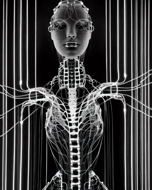 Image similar to black and white cyborg - plant goddess high quality photo, microchip, artificial intelligence, bio - mechanical bio - luminescence, black wired cables, neurons, nerve cells, cinematic, rim light, photo - realistic, high detail, 8 k, masterpiece, high fashion, in the style of steven meisel dora maar h. g. giger