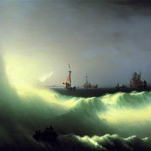 Prompt: the drawing depicts a huge wave about to crash down on three small boats. the boats are filled with people, and they all look terrified. catholicpunk by ivan aivazovsky curvaceous, ornamented