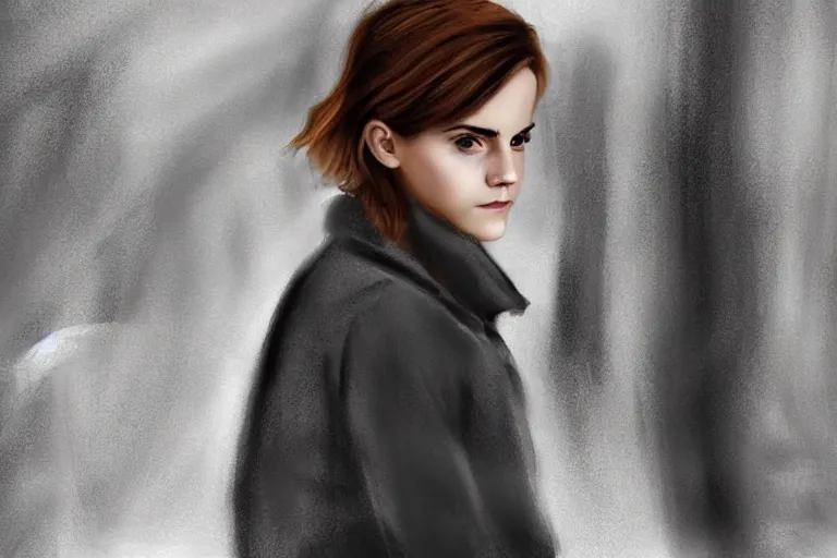 Prompt: movie scene of emma watson, short auburn hair, wearing baggy trench coat, scarf, realistic face, standing in london underground tube platform, digital painting, dramatic lighting