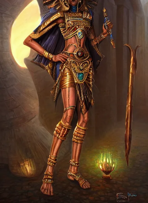 Image similar to sekmet egyptian inspired, ultra detailed fantasy, dndbeyond, bright, colourful, realistic, dnd character portrait, full body, pathfinder, pinterest, art by ralph horsley, dnd, rpg, lotr game design fanart by concept art, behance hd, artstation, deviantart, hdr render in unreal engine 5