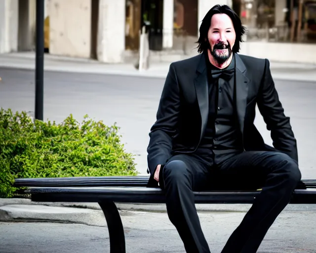 Prompt: photo of happy keanu reeves in jeans and black tux jacket sitting on a bench in the street. dof. lifelike. ultra detailed. intricate. soft light. nikon d 8 5 0.